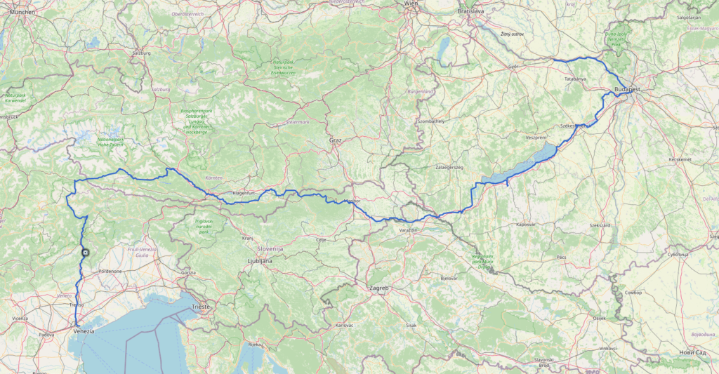 Mappa Venezia-Budapest in bici