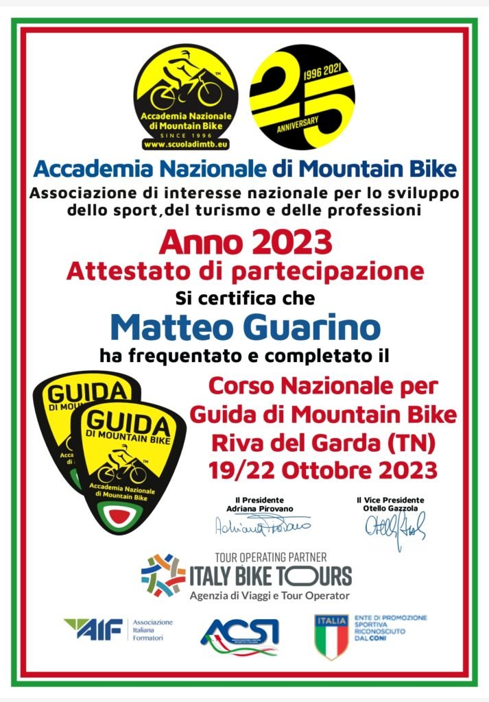 Attestato Matteo Guarino | Guida Cicloturistica Brescia | LAVIA