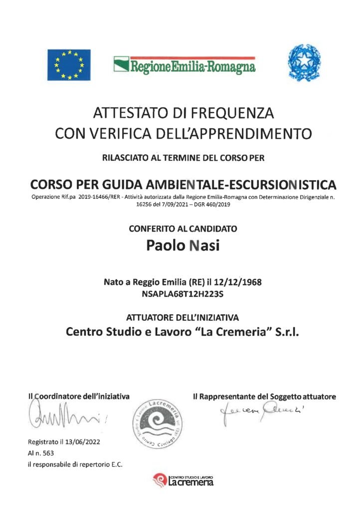 Attestato GAE Paolo Nasi | Guida Escursionistica Emilia Romagna